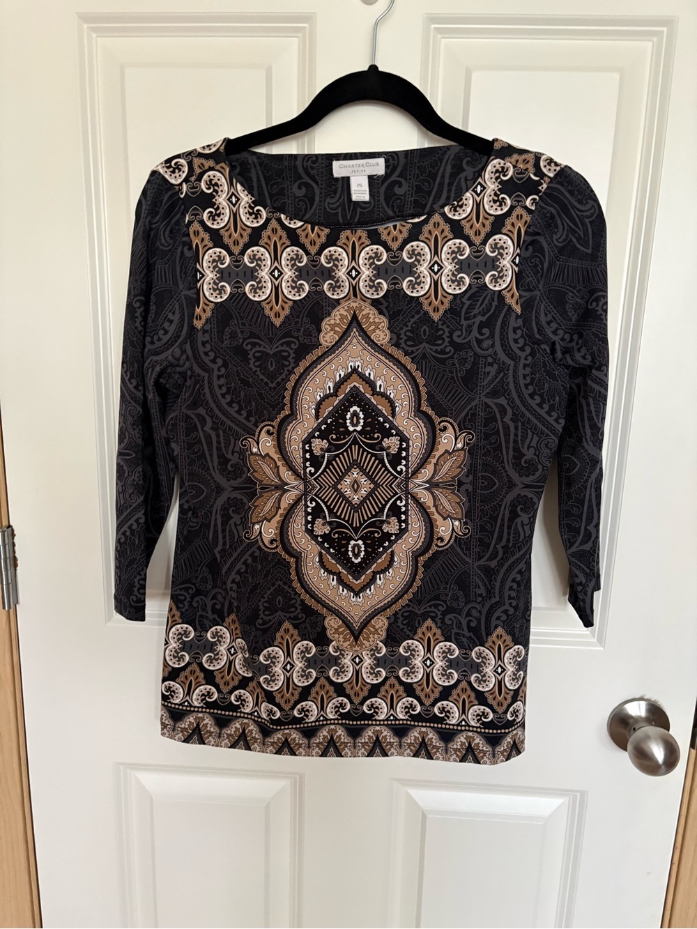 Charter Club Black and Tan Paisley Medallion Scoop Neck Long Sleeve Top